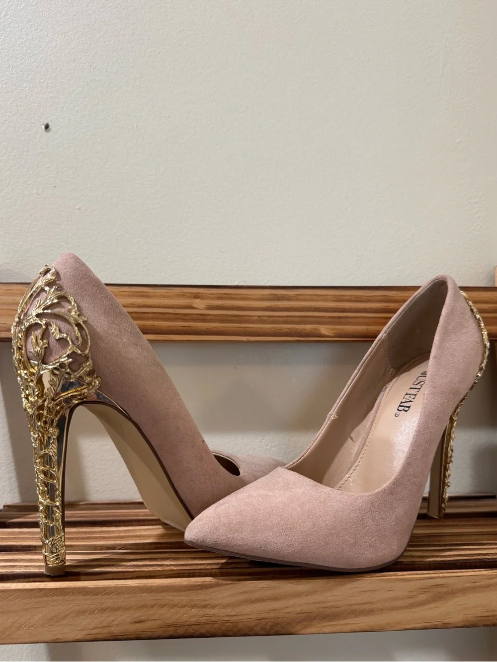 JustFab Blush Pink Suede Pointed-Toe Heels with Gold Filigree Heel